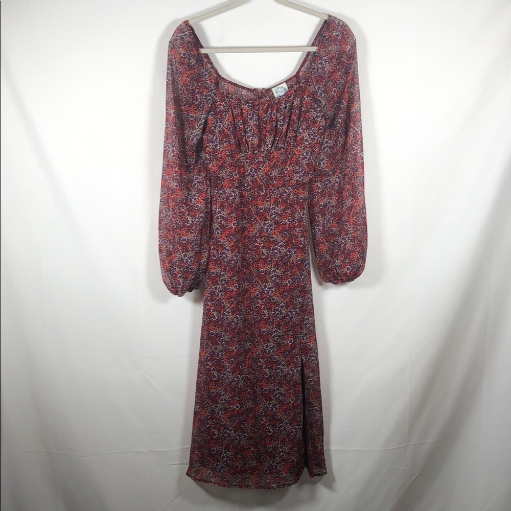 Blue Rain Cottage Fairy Whimsical Red Floral Sheer Puff Long Sleeve Midi Dress